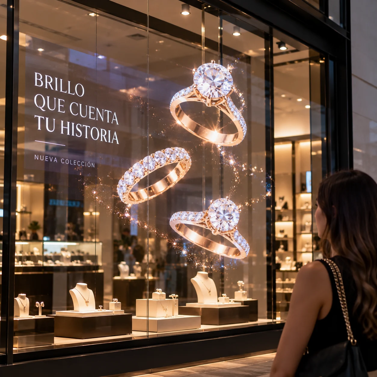 Anuncio de anillos de joyería en una vitrina transparente